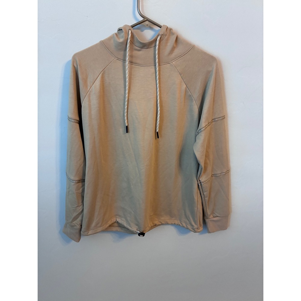 Adrienne Vittadini Sport Beige Hooded‎ Drawstring Casual Pullover Top M